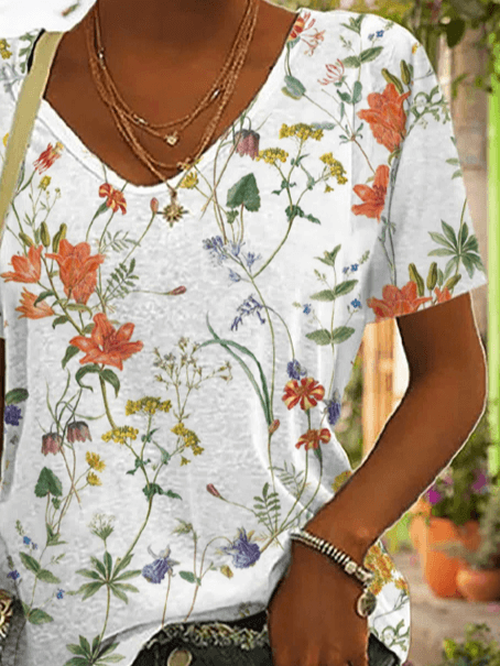 Casual V Neck Floral Loose T-Shirt