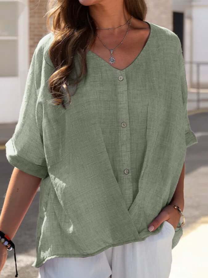 Women's Cotton & Linen-like V-Neck Casual Top