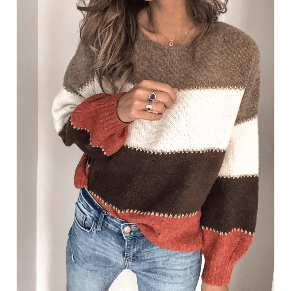 Casual Knitted Women's Sweater, Colour Block Design
