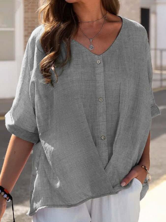 Women's Cotton & Linen-like V-Neck Casual Top