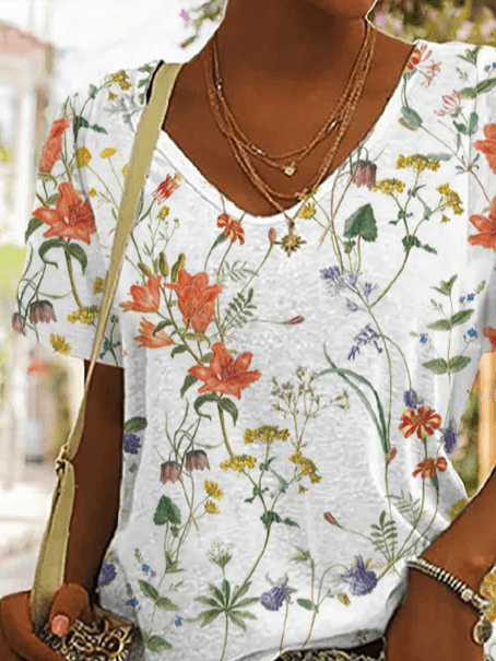 Casual V Neck Floral Loose T-Shirt
