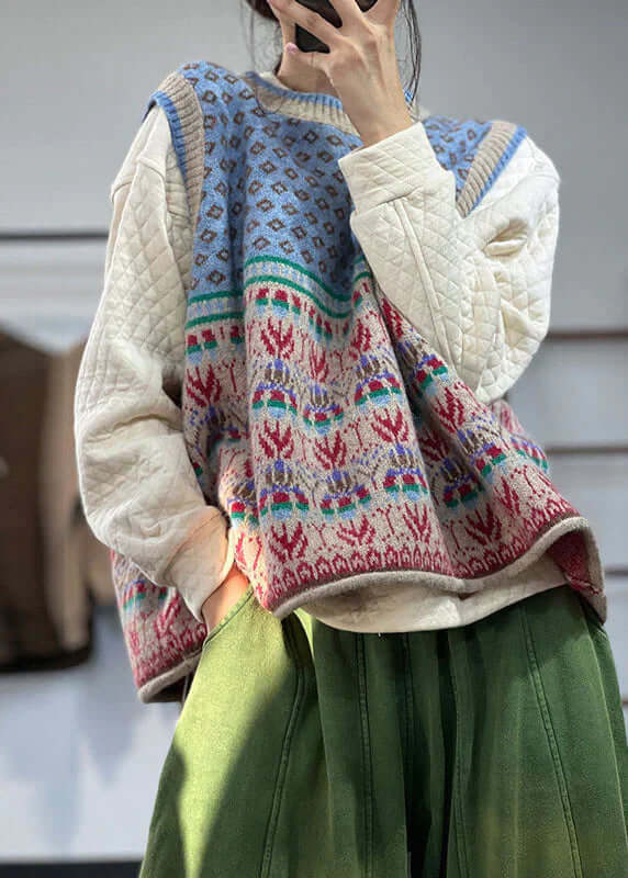 Oversized print wool knit waistcoat ceai