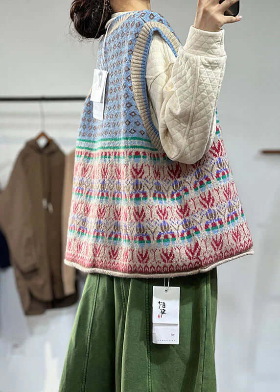 Oversized print wool knit waistcoat ceai