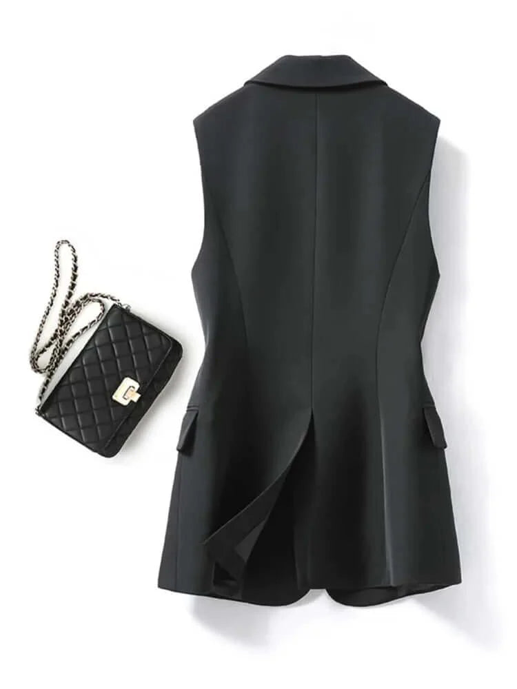 Ladies' classic single-breasted sleeveless waistcoat with lapel collar