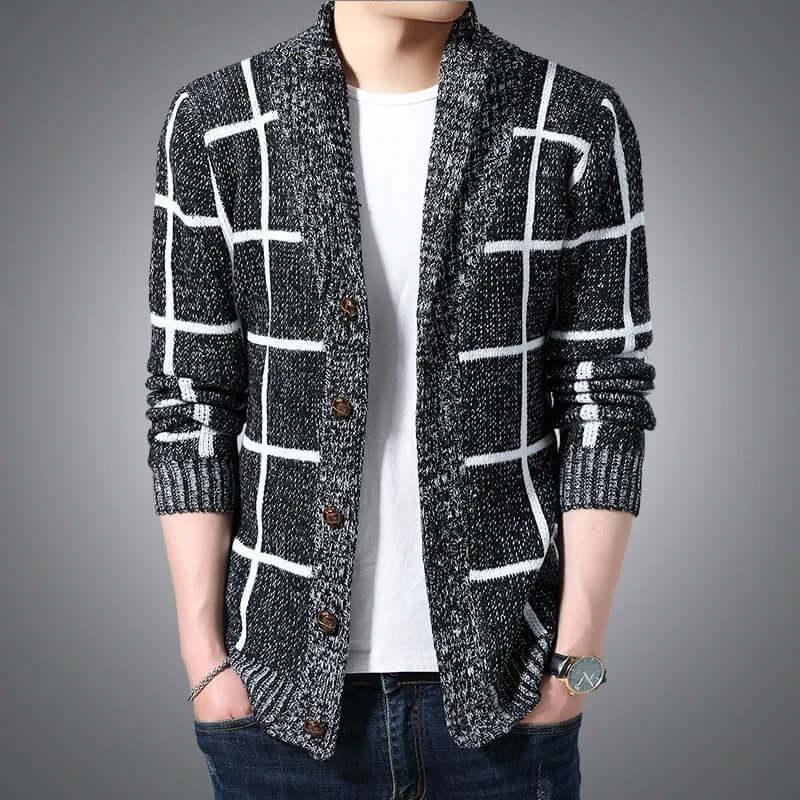 Chequered slim fit Knitted Sweater Coat for men