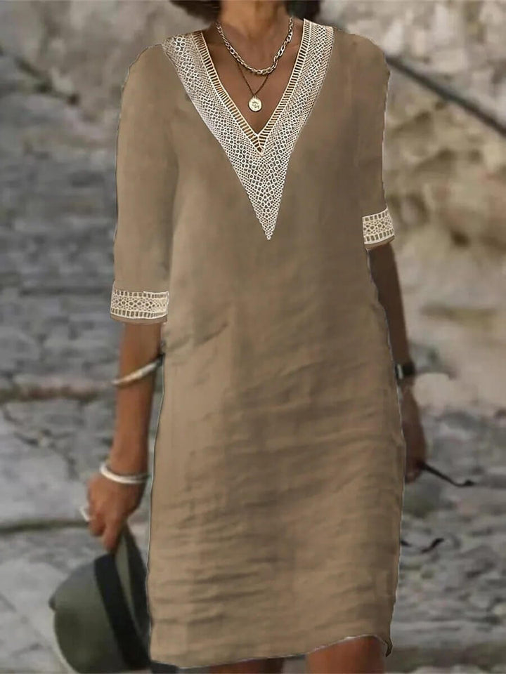 V-neck Mid-sleeved Cotton and Linen-like Casual Dress