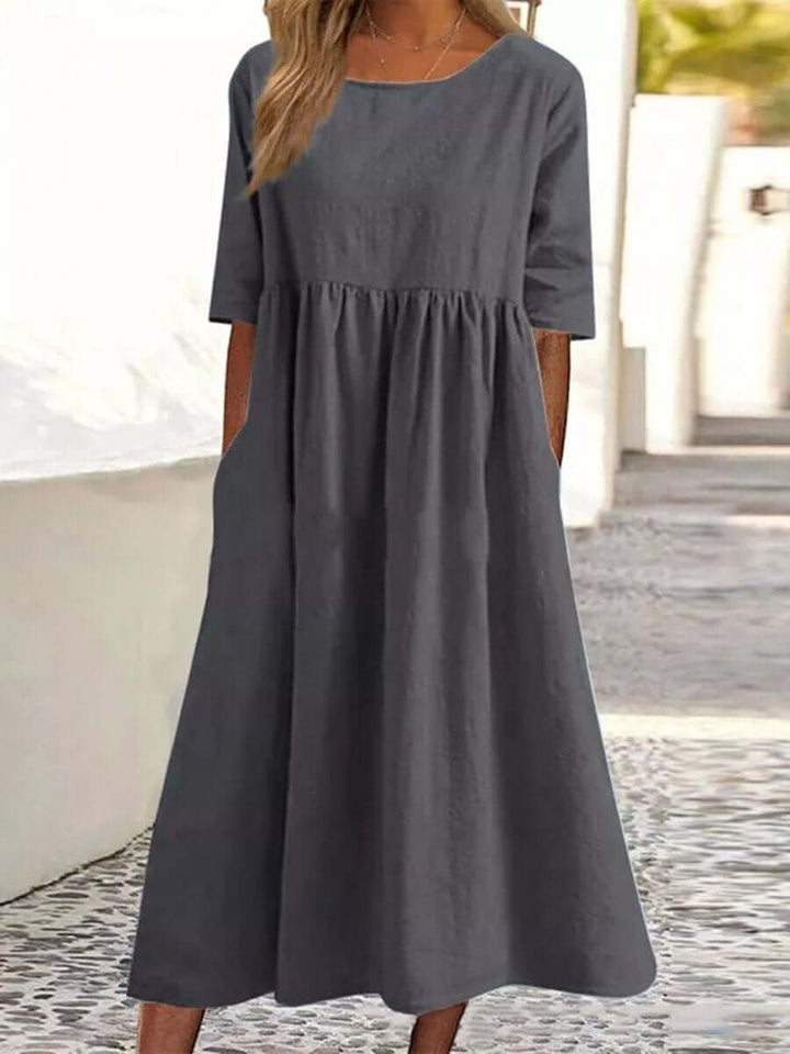 Cotton And Linen-like - Casual Short Sleeve Pocket Pleated Loose Round Neck Dress