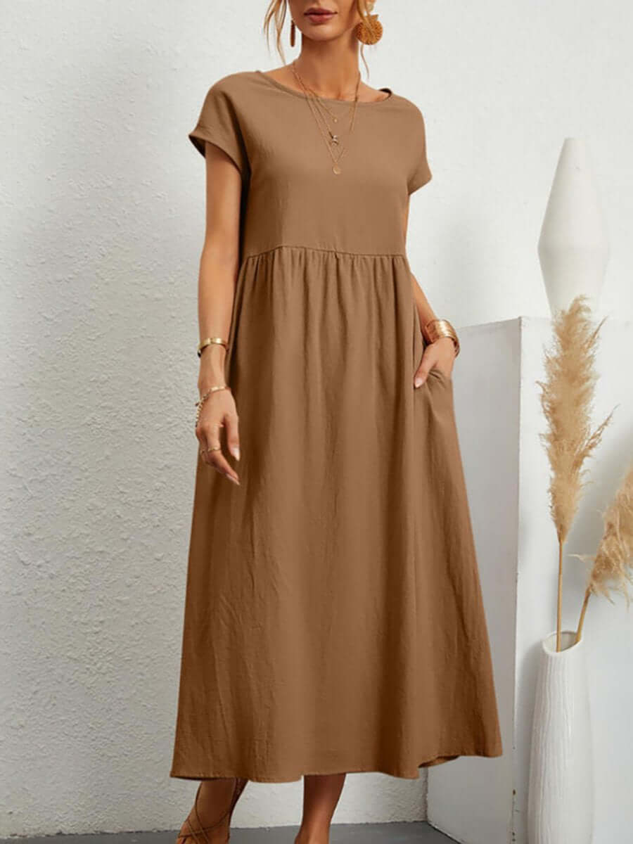 Women's Solid Color Cotton Linen Round Neck A-Line Dress