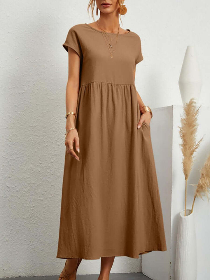 Women's Solid Color Cotton Linen Round Neck A-Line Dress
