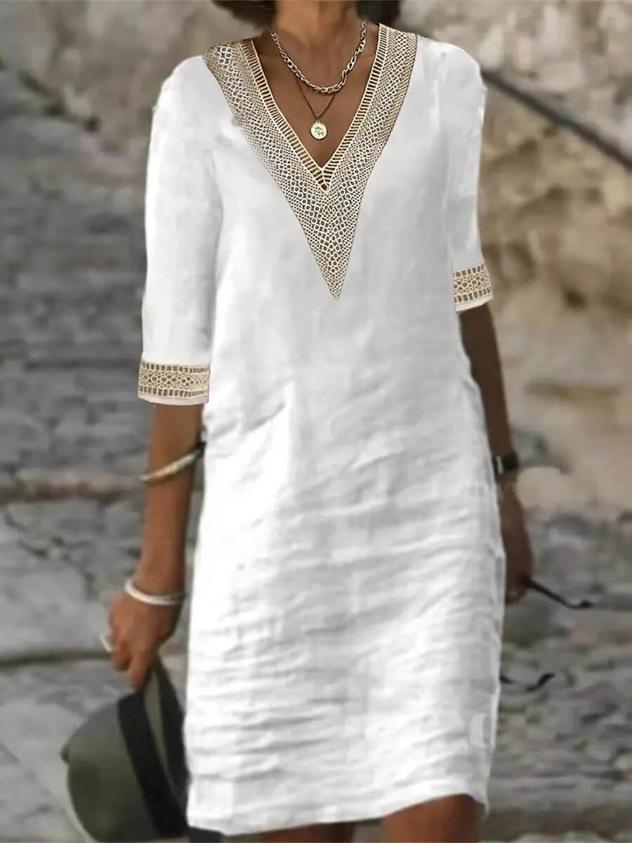 V-neck Mid-sleeved Cotton and Linen-like Casual Dress