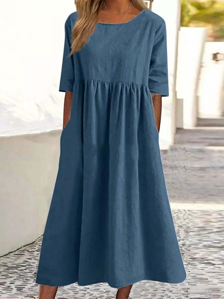 Cotton And Linen-like - Casual Short Sleeve Pocket Pleated Loose Round Neck Dress