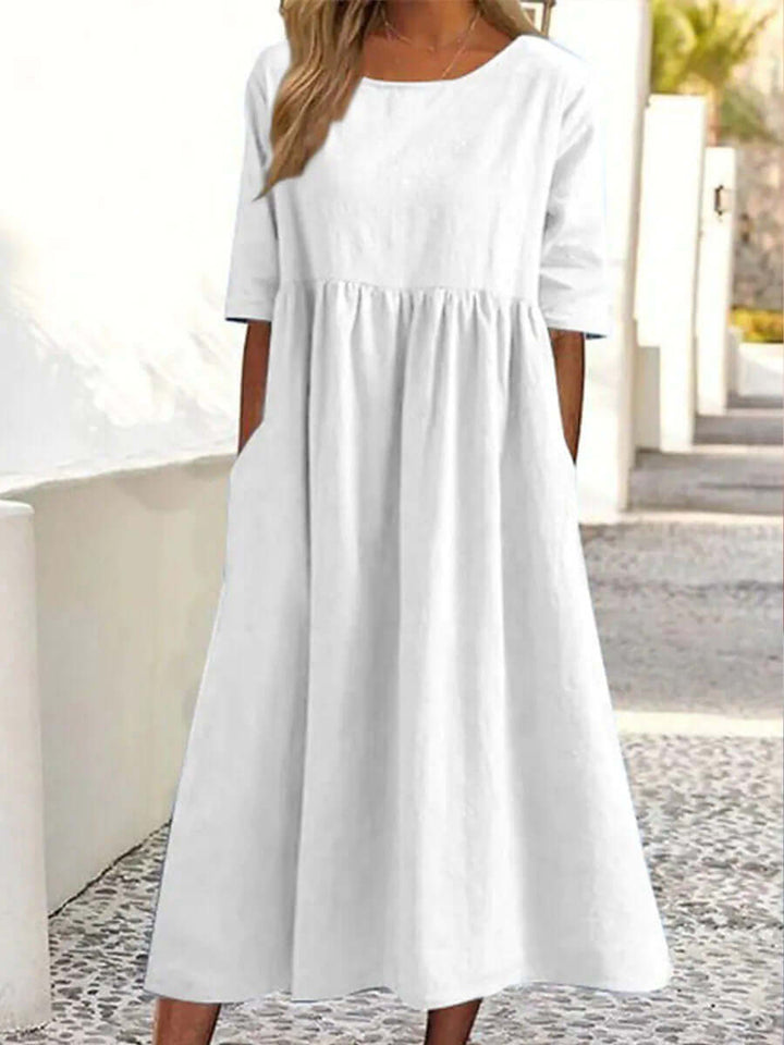 Cotton And Linen-like - Casual Short Sleeve Pocket Pleated Loose Round Neck Dress