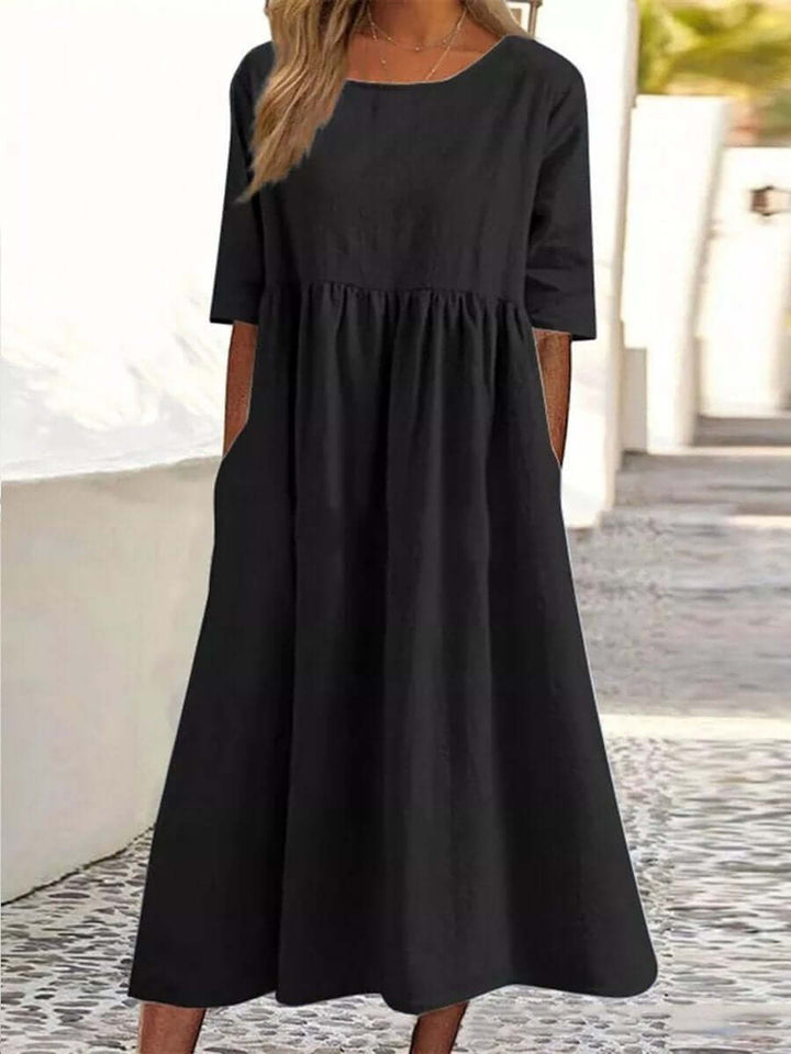 Cotton And Linen-like - Casual Short Sleeve Pocket Pleated Loose Round Neck Dress