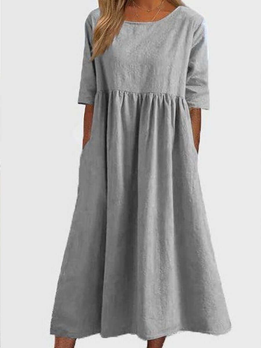 Cotton And Linen-like - Casual Short Sleeve Pocket Pleated Loose Round Neck Dress
