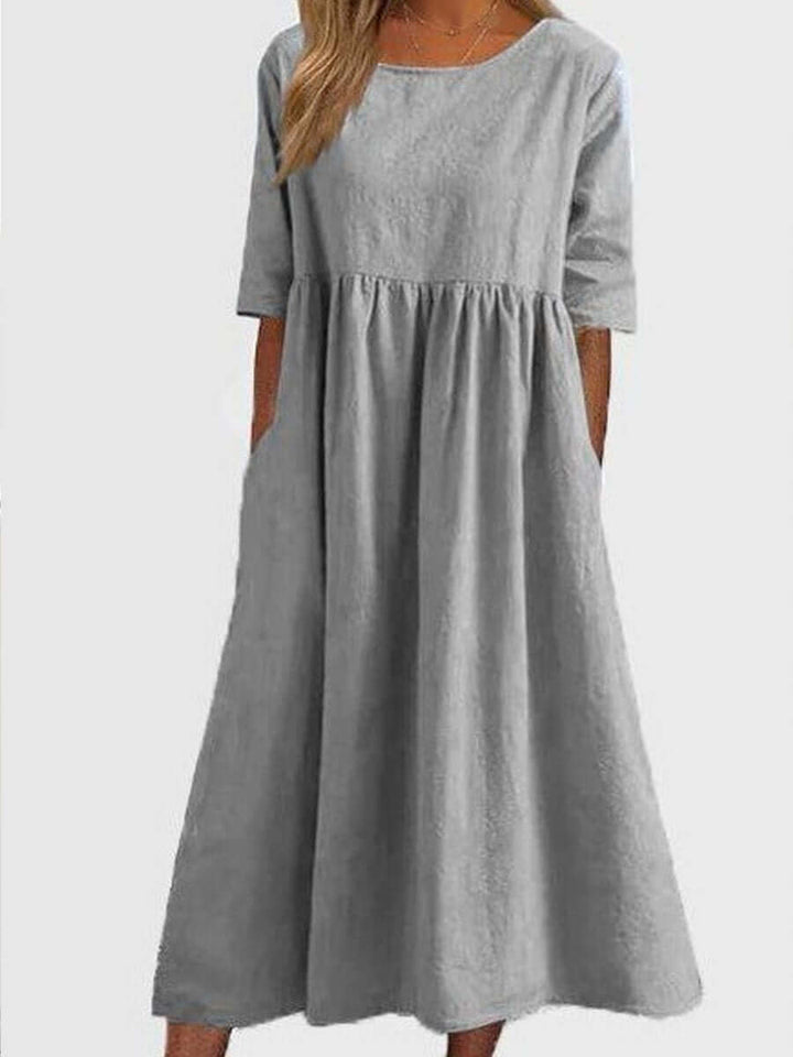Cotton And Linen-like - Casual Short Sleeve Pocket Pleated Loose Round Neck Dress