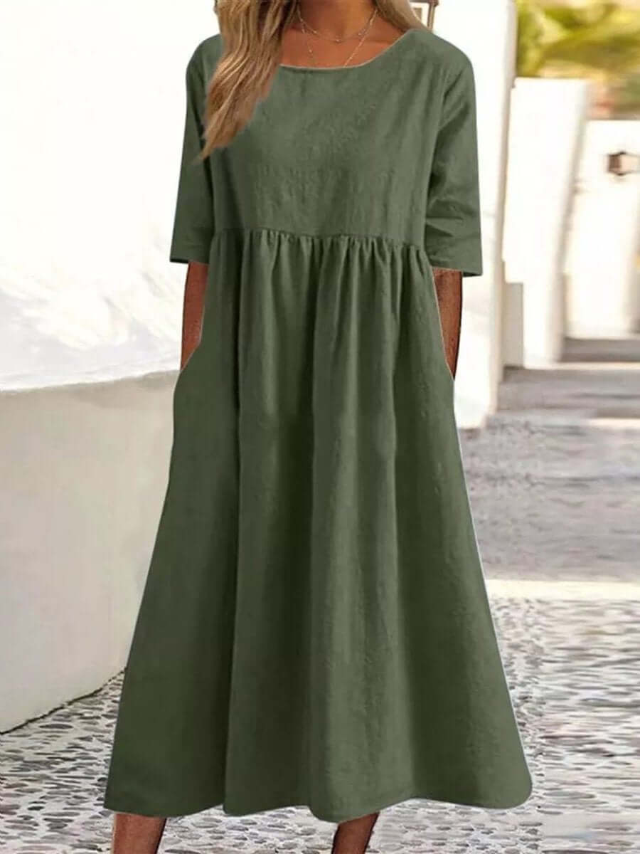 Cotton And Linen-like - Casual Short Sleeve Pocket Pleated Loose Round Neck Dress