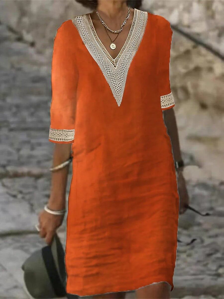 V-neck Mid-sleeved Cotton and Linen-like Casual Dress