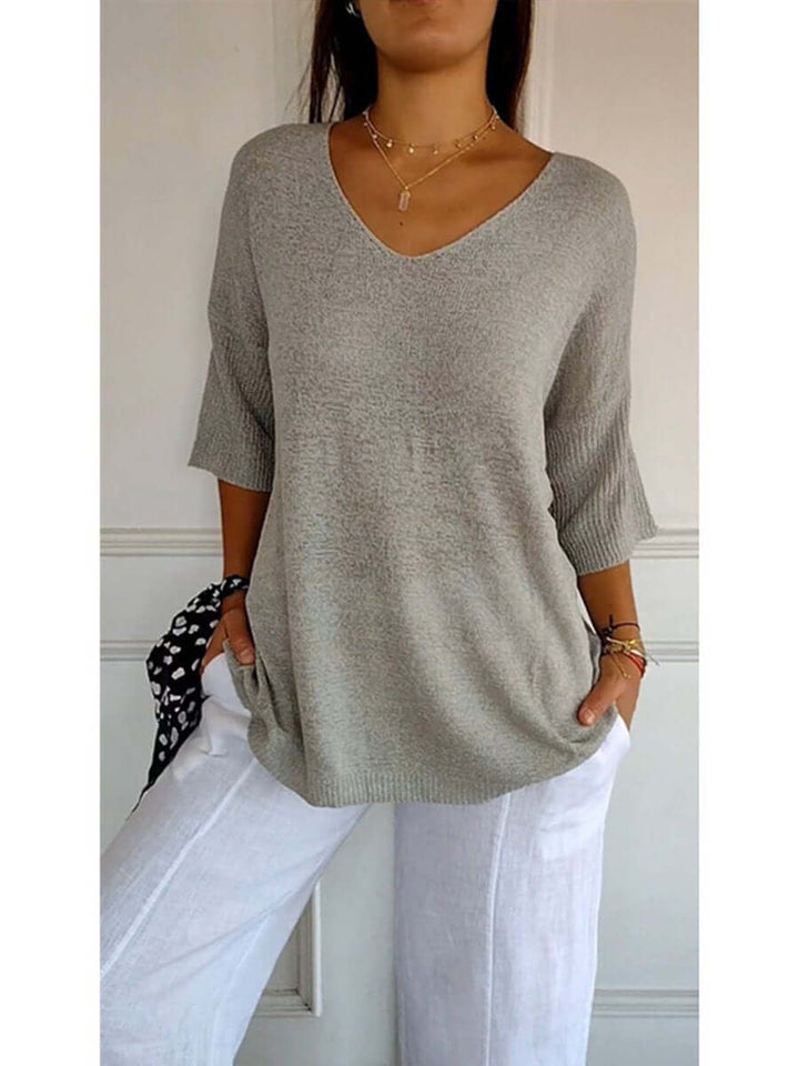 Women's Solid Color Knitted 3/4 Sleeve V-neck Top