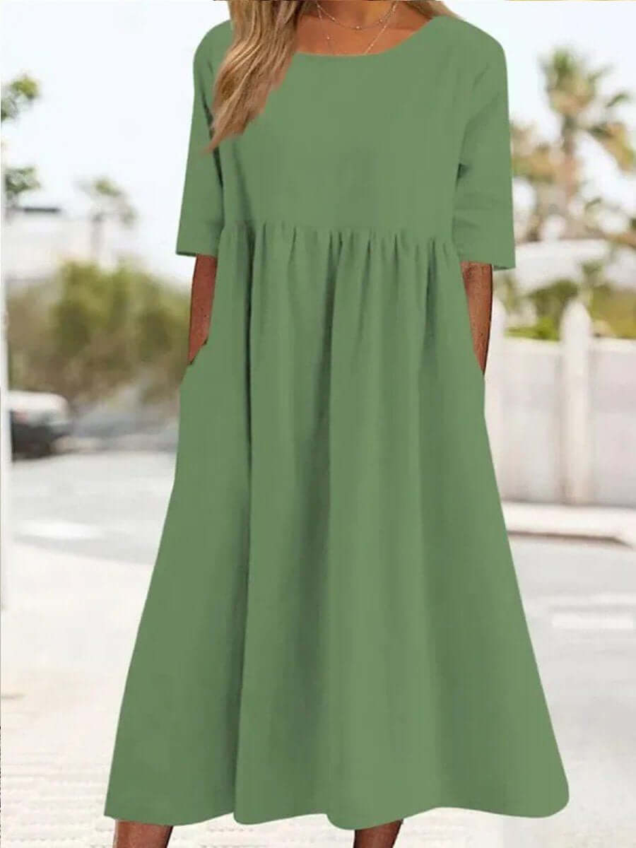 Cotton And Linen-like - Casual Short Sleeve Pocket Pleated Loose Round Neck Dress