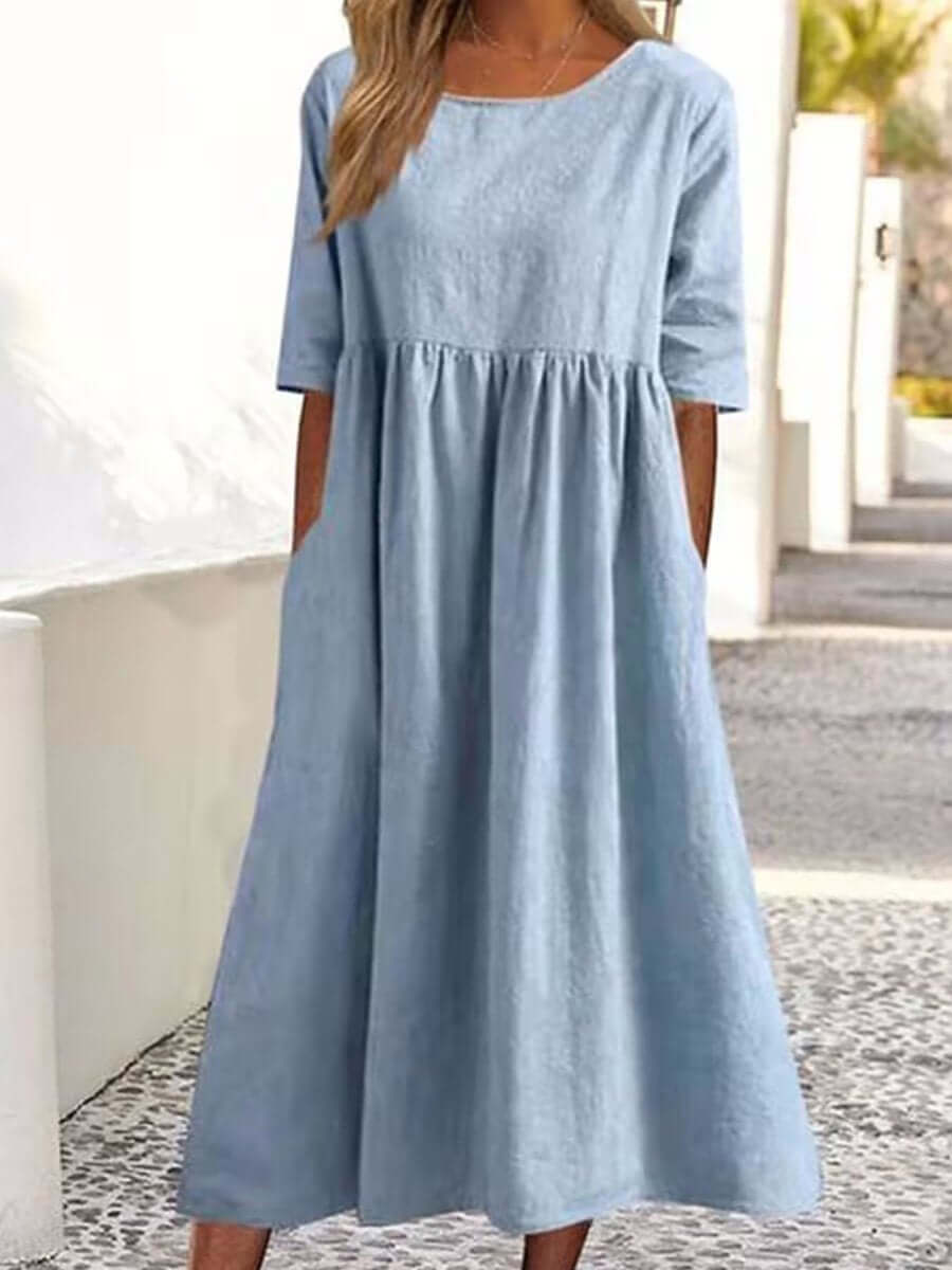 Cotton And Linen-like - Casual Short Sleeve Pocket Pleated Loose Round Neck Dress